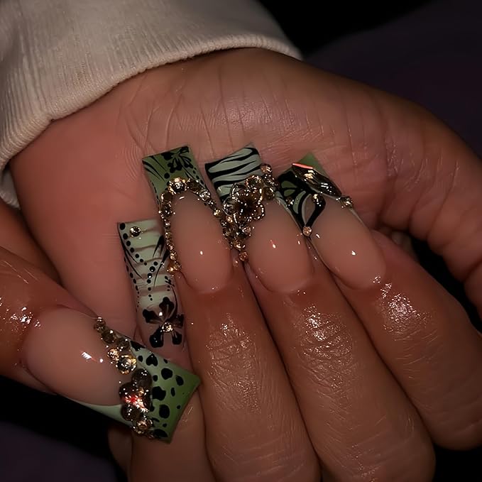 Press on Nails Coffin Long Length Acrylic Glossy Full Cover Square Shaped French False Nails with Designs Artificial Extra Long Fake Nails with Charms Glue ons Fingernails for Women(AS25)