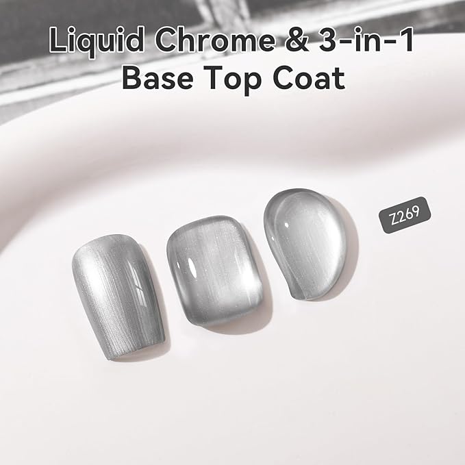 Metallic Silver Nail Polish with 3-In-1 Clear Base Top Coat Nail Strengthener Quick Dry Clear Nail Polish Duo, Opaque, Non-Gel, Vegan, Liquid Silver Glossy Chrome Nails Art