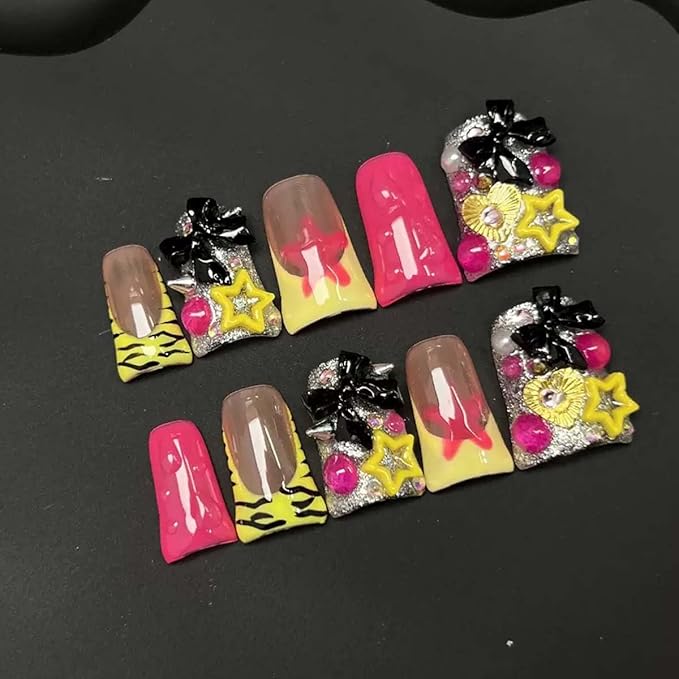 10Pcs Handmade Press On Nails Medium Duck Fake Nails Bow Charms With Star Design French Tip Y2k False Nails Full Cover Artificial Cute Stick On Nail For Women(SIZE: Large)