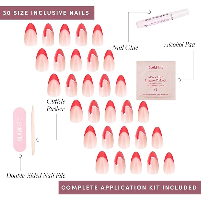 Glamnetic Press On Nails – Mrs. Claus | Short Almond Fake Nails Semi-Transparent Red French Tip Santa Hat Design, Glazed Finish, Salon Quality Holiday Nails | 15 Sizes, 30 Nail Kit