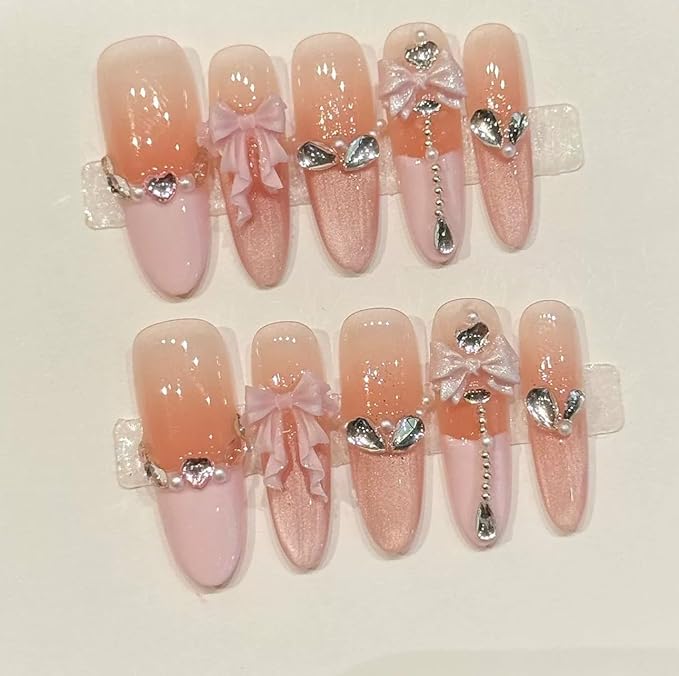 Handmade Press on Nails Long Stiletto Fake Nails Pink French Tip False Nails with 3D Rhinestones Bow Designs Sparkly luxury Artificial Nails Reusable for Women 10pcs (Size M）