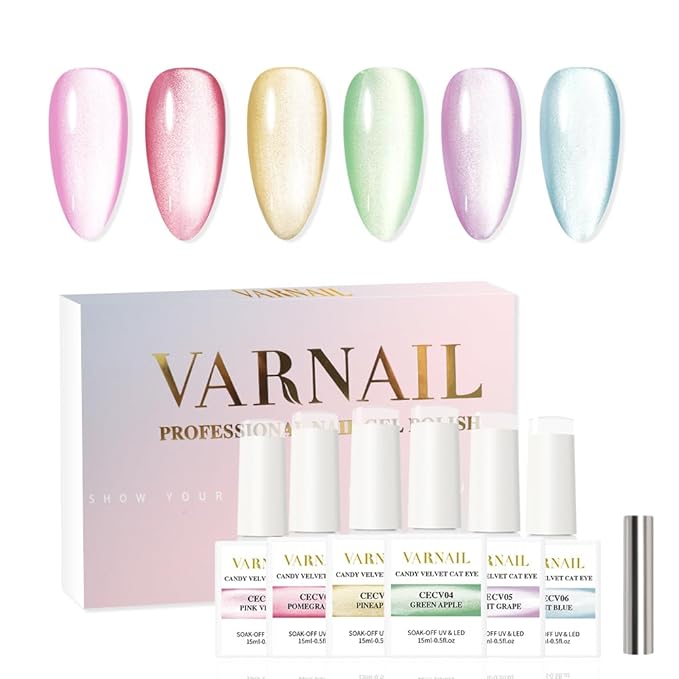 VARNAIL Candy Velvet Cat Eye Gel Polish Kit 6 Colors, Glitter 9D Holographic Gel Polish with Magnet, Soak off U V Light Gel Nail Polish Set15 ml/Bottle, Salon Quality Magnetic Gel Nail Polish