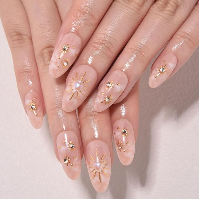 3D Nude Press on Nails Medium Almond with Bohemian Design, Nude Nail + Gold Star Glossy Stick on Nails for Women with Kit, Reusable Soft Gel Stick on Fake Nail with 3D Gold Stars Designs Perfectly Fit