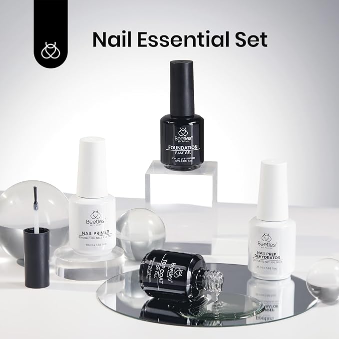 Beetles 4 Pcs 15ml Base Gel and Top Coat Kit with 20ml Nail Dehydrator and Primer, Professional Nail Prep Acid-Free & Hema-Free Dehydrate Bond Primer Set for Acrylic Manicure Gift for Women