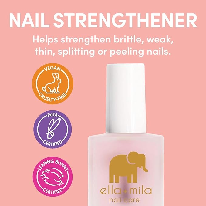 ella+mila Nail Strengthener and Growth Treatment - First Aid Kiss Nail Hardener for Damaged Brittle Thin Nails - Strengthening Polish with Vitamin E - Vegan (2-Pack)