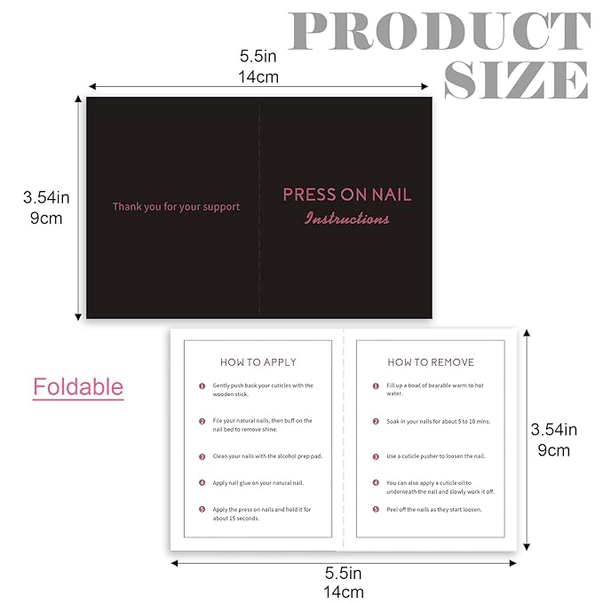 50 Pack Press on Nail Instructions Cards, Bebbtiy Press on Nail Application Guides Nail Aftercare Manicure Usage Business Supplies Card (Black-1)