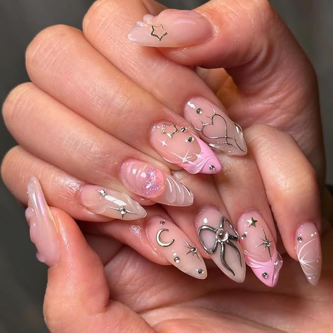 Medium Press on Nails Almond - Pink French Fake Nails with 3D Bow Heart Design - Glossy Full Cover Stick on Nails Press ons - for Women 24 Pcs