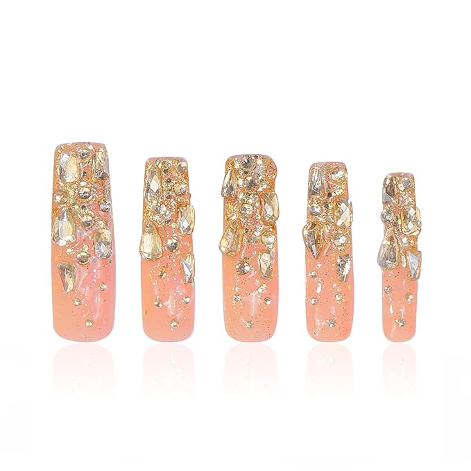 LOVFUL Press on Nails Stardust Gold Rhinestone | Handmade with Full Covered Crystals | Reusable Fake Nails | Square Mid length 1.7in | H84-L