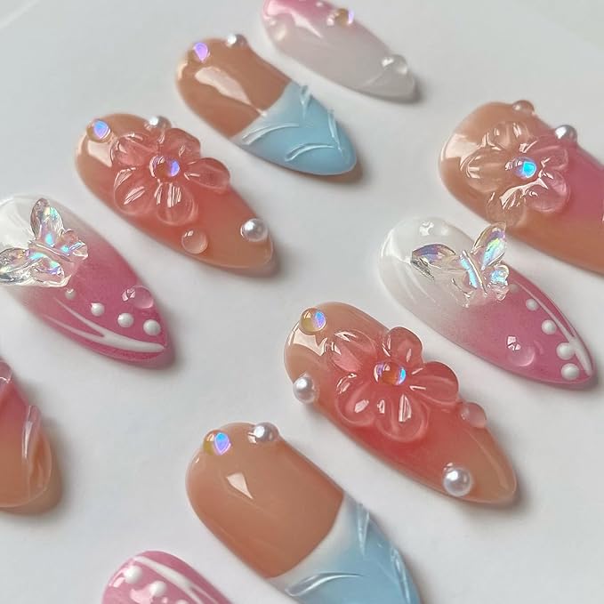 French Press on Nails Handmade Almond Nails with Glue,Nude Medium Fake Nails with 5D Flower Art ＆ Pearl Design Muti-Layer Gel Handmade Nail Acrylic Nature False Nails for Wome (Size M)
