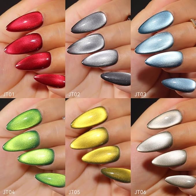 vettsy Magnetic Gel Nail Polish Set with Magnet, 6 Colors Cat Eyes Gel Polish Kit with Cat Eyes Effect for DIY Nail Art Manicure at Home (Jewel Tones)