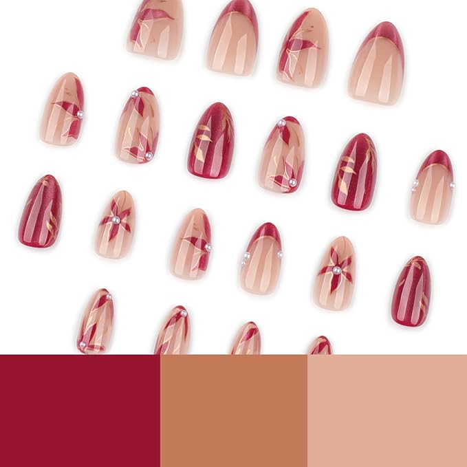 Short Almond Press on Nails, Red Cat Eye Press on Nails, Red Flower Fake Nails Press ons with Leaf & Pearl Designs, Glossy Nude Glue on Nails for Women, Glossy Finish | 12 Sizes - 24 Pcs