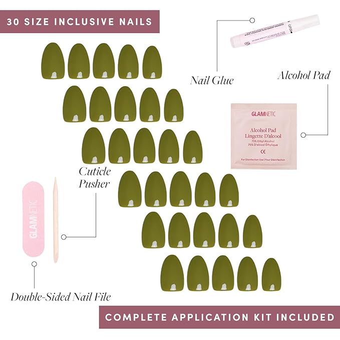 Glamnetic Press On Nails - Moss Green | Opaque Earthy Green Short Oval Fake Nails, Salon Quality | 15 Sizes - 30 Nail Kit