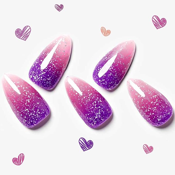 GLAMERMAID Thermo Purple Pink Press on Nails Medium Almond, Color Changing Ombre Handmade Gel False Nals, Stiletto Glue on Nails Kit for Women, Short Oval Stick on Acrylic Crush Fake Nail Manicure Set