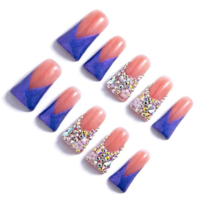 10 Pieces Handmade Luxury Metallic Cool Purple Shimmer With AB Crystal Shine Long Press On Nails With Bling Rhinestones And Y2K Princess Vibes, Reusable Fake Nails, Acrylic Nails (M)