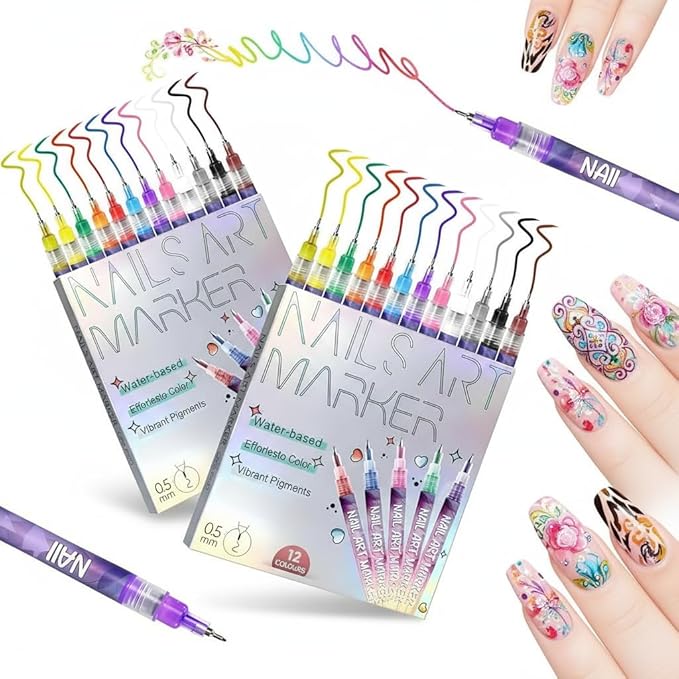2026 New 12 Colors Nail Art Pens Set, 0.5mm Fine Tip Polish Markers for Drawing - Quick Dry Waterproof DIY Nail Art Kit for Beginners, Gel & Acrylic Nails, Home Salon Manicure Tools (2 Set)