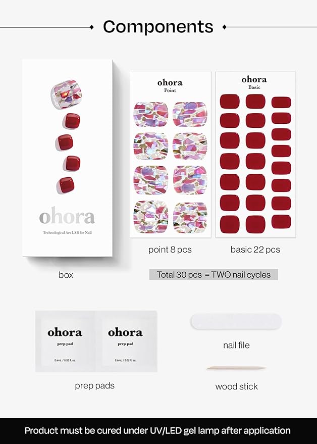 ohora Semi Cured Gel Pedi Strips (P Satin Magenta) - White, Solid, Works with UV/LED Lamps, Salon-Quality, Long Lasting, Easy to Apply & Remove - Includes 2 Prep Pads, Nail File & Wooden Stick