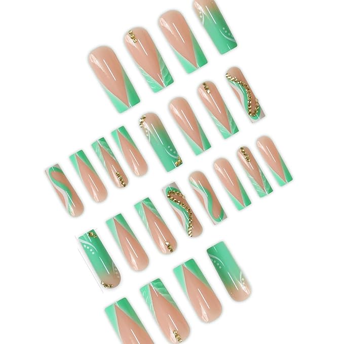 24Pcs Press on Nails Long Square Fake Nails Green French Tip Acrylic Nail with 3D Swirl Designs False Nails Gold Rhinestones Glue on Nails for Women Manicure