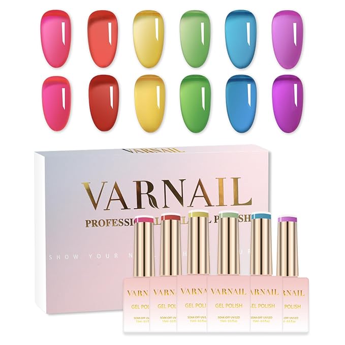 VARNAIL Rainbow Candy Jelly Gel Nail Polish Kit 6 Colors 15 ml, Glass Tint Sheer Gel Polish, Salon Quality Soak off UV Light Gel Nail Polish Set