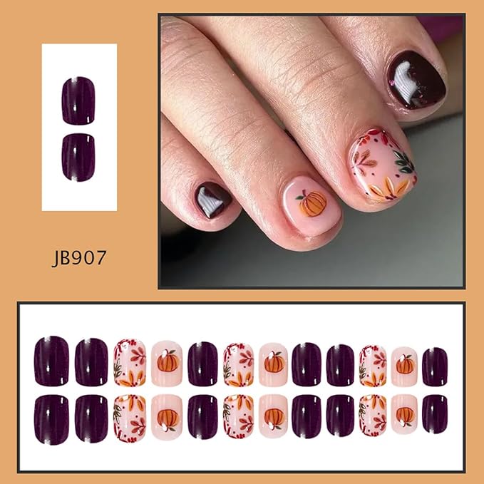 Short Square Press on Nails Fall Fake Nails Thanksgiving Day Nails Press ons with Pumpkin Fall Leaves Design,Full Cover Stick on Nails for Women Manicure,Reusable | Glossy | Easy Apply | 24 Pcs