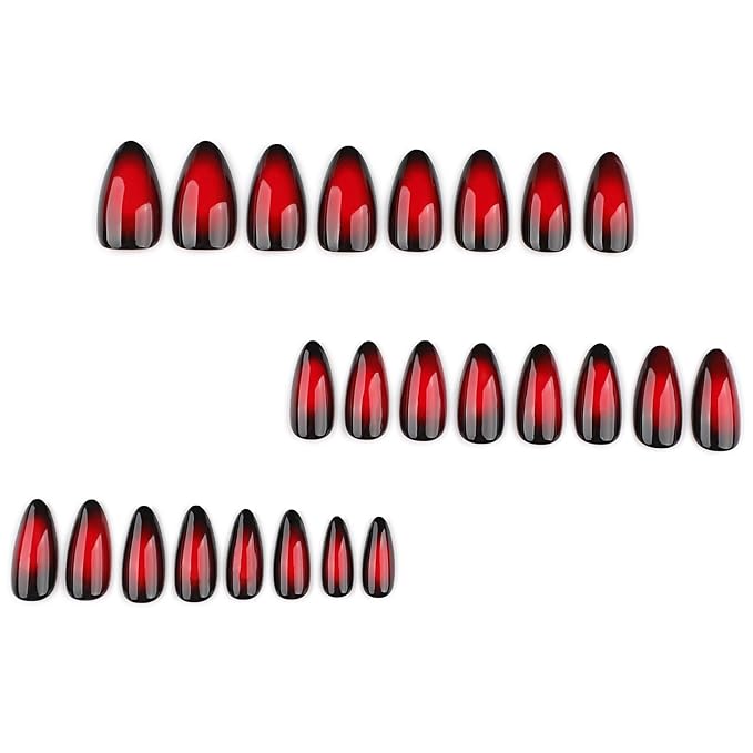 Red Black Ombre Press On Nails Almonds Medium Length - Acrylic Fake Nail, Reusable Glue On Stick On Nails, Fall Halloween Designer Nails for Women, Gradient False Nail, Hallows' Day Gift