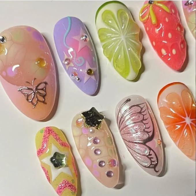Press On Nails - Medium Almond Handmade Unique Fake Nails, Thick Acrylic and Muti-Layer Gel False Nails, Reusable Gel Cured Sturdier 3D Fake Nails,DIY Art Decorate (Size M)