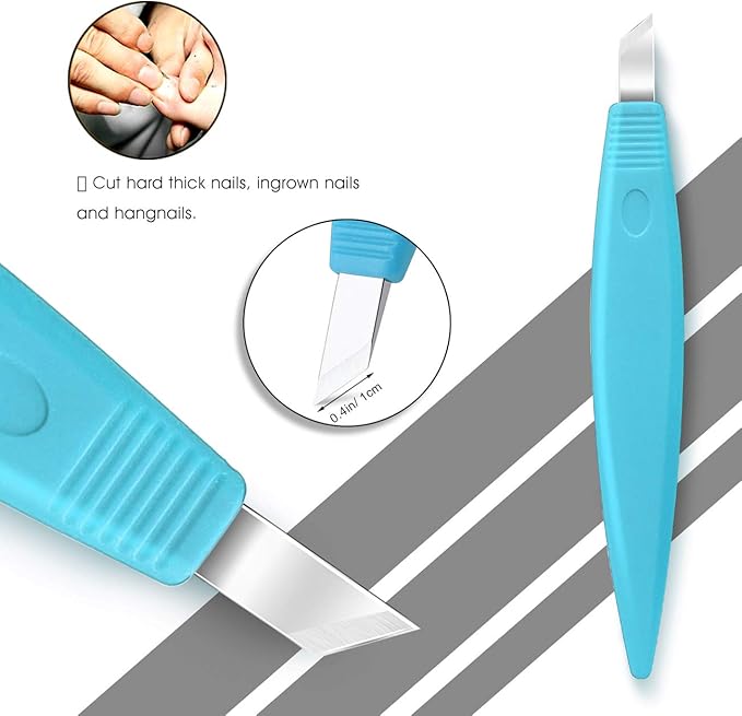 BEZOX Ingrown Toenail Removal Blades and Foot Callus Knife - 3 Different Blades Pedicure Knives with Toenail Lifter and Thick Nail File - Blue