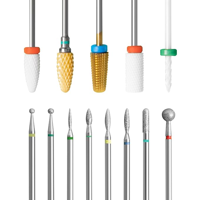 13PC Nail Drill Bits Set, Drill Bits for Nails,1pcs 5 in 1 Nail Drill Bit +4pcs Ceramic Nail Drill Bits+8pcs Diamond Drill Bits,Cuticle Remover Bits for Acrylic Gel Dip Powder Nail File Machine