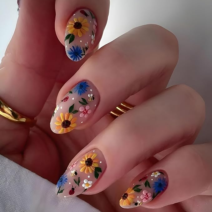 Flower Press on Nails Medium Almond Fake Nails Colorful Flower Nails Press Ons Glossy False Nails Summer Spring Glue on Nail DIY Acrylic for Women and Girls Decorations Set 24Pcs