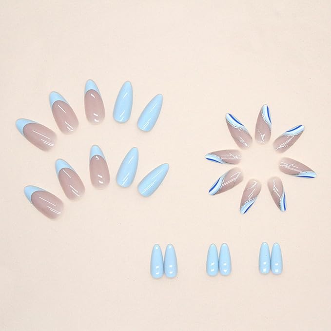 Blue Press on Nails Short Almond Fake Nails Press ons Glitter False Nails with Designs Wave Glossy Full Cover Acrylic Glue on Nails Cute Artificial Stick on Nails for Women Manicure Decoration 24Pcs