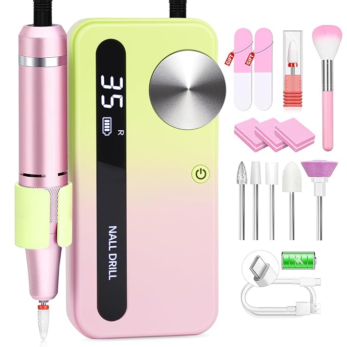 CozyZen Cordless Nail Drill Professional: 45000 RPM Rechargeable Electric Nail File Kit, Portable & Low Noise for Acrylic, Gel Nails, Manicure & Pedicure - Salon & Home Use (Green & Pink)