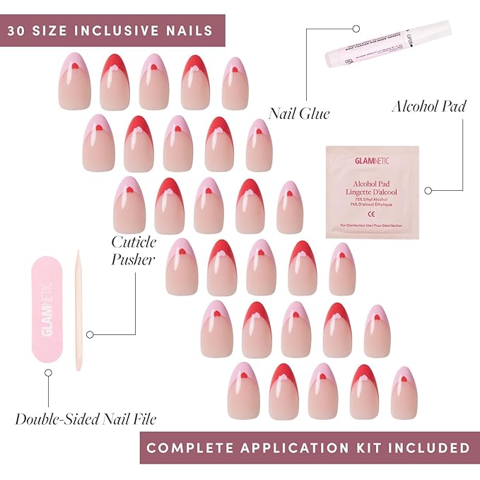 Valentines Day Glamnetic Press On Nails - Pure Hearted | Glossy, Semi-Transparent Short Almond Nails with Heart Accents, Salon Quality | 15 Sizes - 30 Nail Kit with Glue