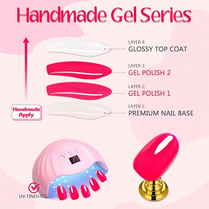 GLAMERMAID Hot Pink Press on Nails Medium Almond, Rose Red Handmade Jelly Soft Gel Pure Glue on Nails Stiletto, Summer Spring Fake Nails Short Oval, Reusable Acrylic Stick on False Nails Kit for Women