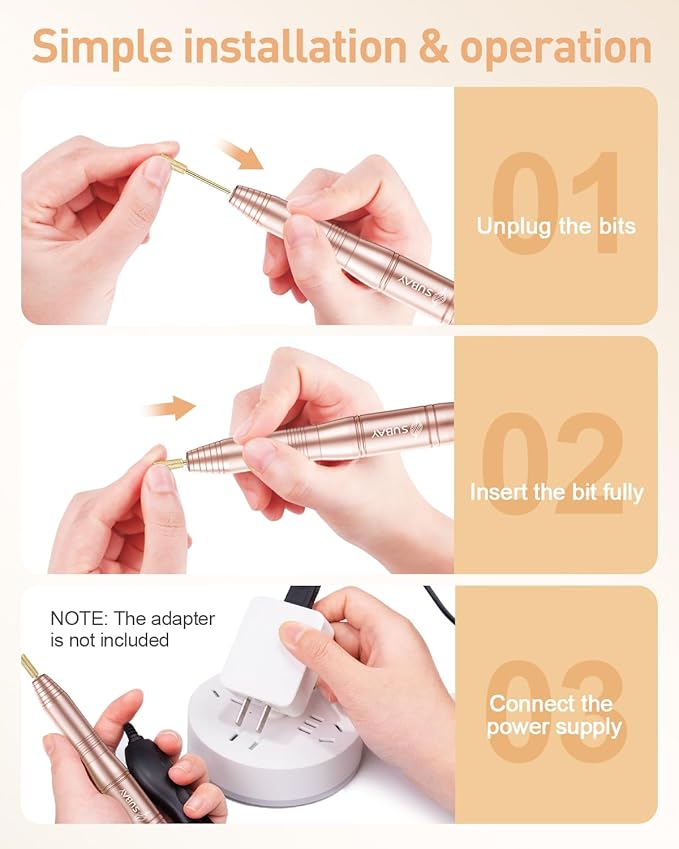 Subay Electric Nail File, Nail Drill Machine for Acrylic Gel Nails, Portable USB Nail Drill Kit Set with 6 Nail Drill Bits & 26 Sanding Bands for Home and Salon Use - Gold