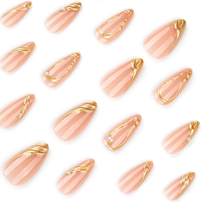 Almond Press on Nails Gold Drip Chrome Fake Nails Medium False Nails Press ons with Golden Line Design Reusable Artificial Nail Full Cover Glossy Glue on Nail Stick on Nails for Women Manicure 24 Pcs