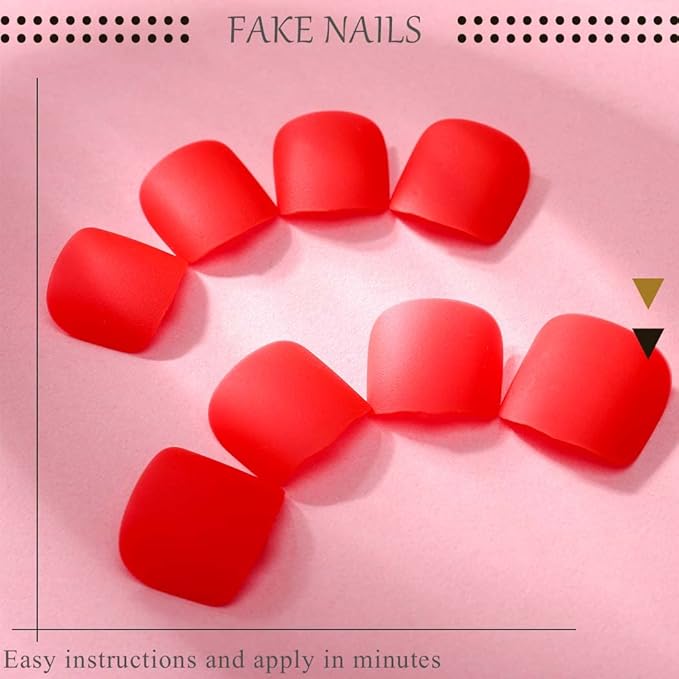 Red Square Fake Toenails Matte Press on Toe Nails Short Acrylic False Toes Nails Artificial Beach Full Cover Toenail for Women 24 Pcs (Red)