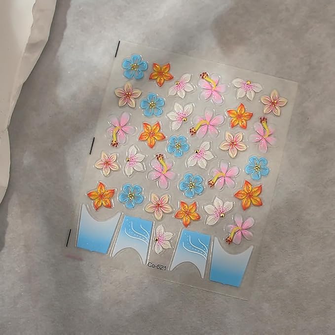 1Sheet 5D French Tip Nail Art Stickers Embossed Spring Nail Decals Colorful Camellia Lily Hibiscus Cherry Blossom Nail Design Supplies Self Adhesive Flower Nail Stickers for Women DIY Manicure