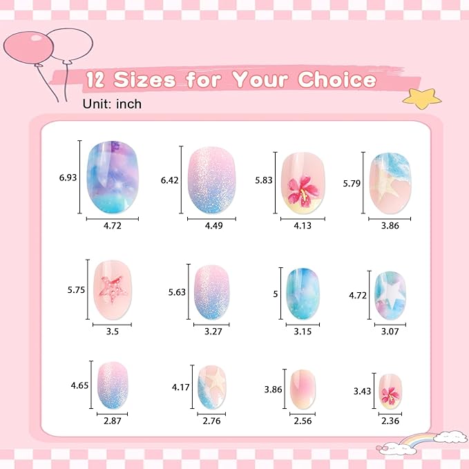 SIUSIO 3Pack Children Acrylic Fake Nails, 72pcs Press on Full Cover Glitter Gradient Color Short Almond False Nail Art Kits Set with Sticker Tabs Nail Glue Gel for Kids Little Girls - Summer Ocean