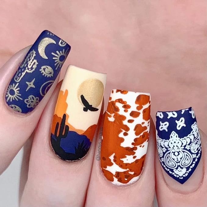 Maniology Wild West Nail Stamping Plate | Western-Themed Designs with Cowgirl & Rodeo Motifs for Bold DIY Manicures – Reusable, Rectangular Stainless Steel Nail Art Template