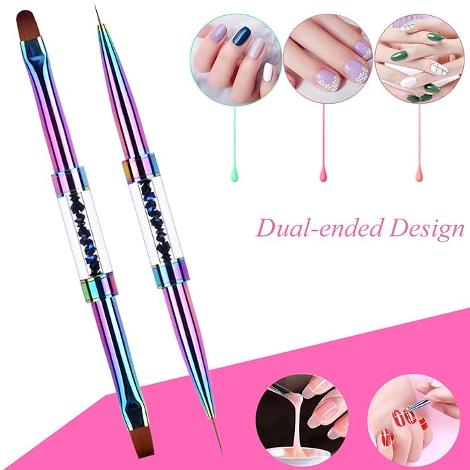 2Pcs Dual-ended UV Builder Gel Nail Brush Set Rhinestone Handle Nail Art Liner Brush Polygel Hard Gel Nail Brushes