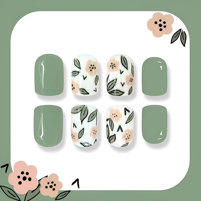 Flower Press on Nails Short Almond Fake Nails White Green Nails Press Ons Glossy Full Cover False Nails Acrylic Glue on Nail Summer Spring Stick on Nail for Women Decorations Set 24Pcs