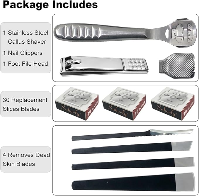 37 Pcs Callus Shaver for Feet Set, Foot Callus Shaver, (1 Foot Razor for Callus Removal &1 File Heads & 4 Pedicure Knife & 1 Nail Clippers & 30 Replacement Slices Blades)