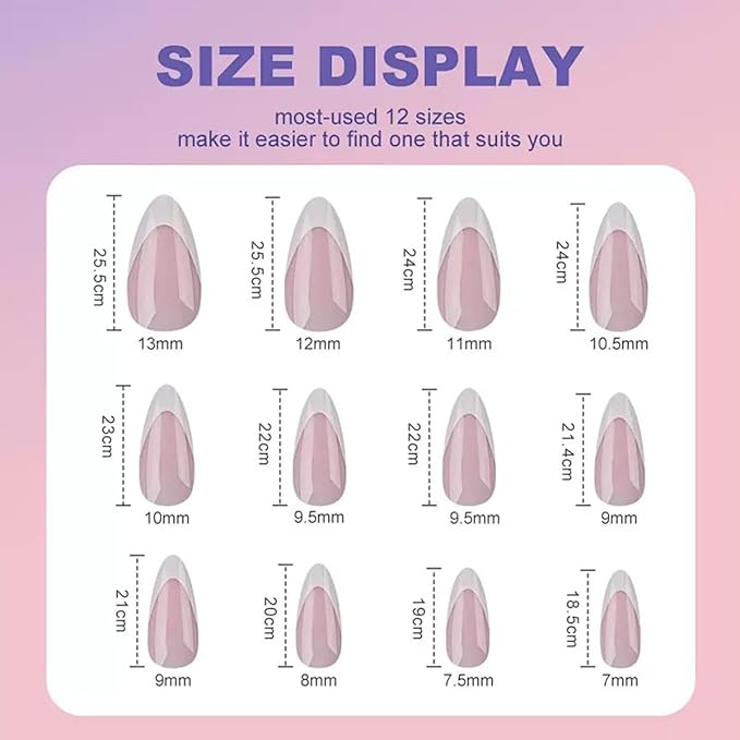 French Gel Nails - Colorful French Tip Press on Nails, Almond Press on Nails, Glossy Skin Tones Medium False Nails 288pcs -12 Sizes Artificial Fake Nails Stick on Nail for Women Manicure