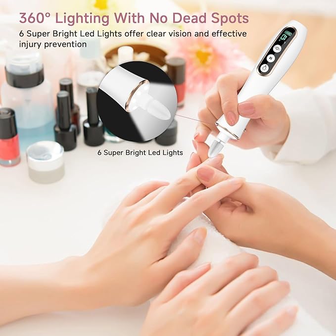 Professional Manicure Pedicure Kit, Cordless Electric Nail File Set, 360° LED Light Nail Drill Machine with LCD Display, 10 Speeds Rechargeable Nail Drill Grinder for Gel Nail Thick Toe Nails