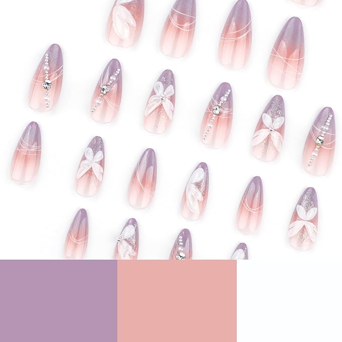 Almond Press on Nails Medium - Ombre Purple Fake Nails with Flower Butterfly Design - Rhinestone, Full Cover Stick on False Nails for Women 24Pcs