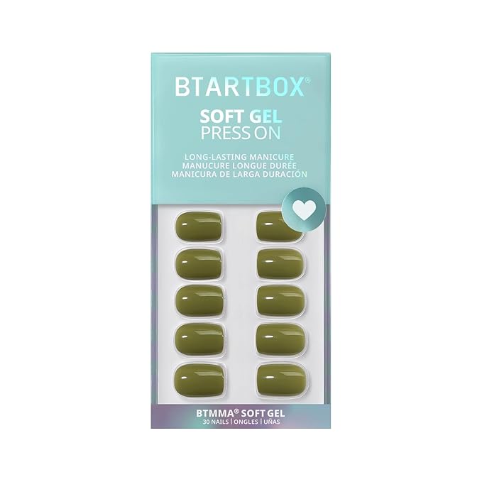 BTArtbox Press On Nails Short - Olive Green Squoval Press On Nails with Glue for Women, Opaque Soft Gel Glue On Nails in 15 Sizes - 30 Stick On Nails Kit, Moss Muse