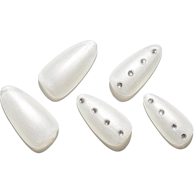GLAMERMAID Nude White 3D Press on Nails Medium Almond, Rhinestone Handmade Jelly Gel Fake Nail Stiletto Kit, Ombre Glitter Magnetic Glue on Nail Short Oval, Normal Stick on False Nail Set for Women