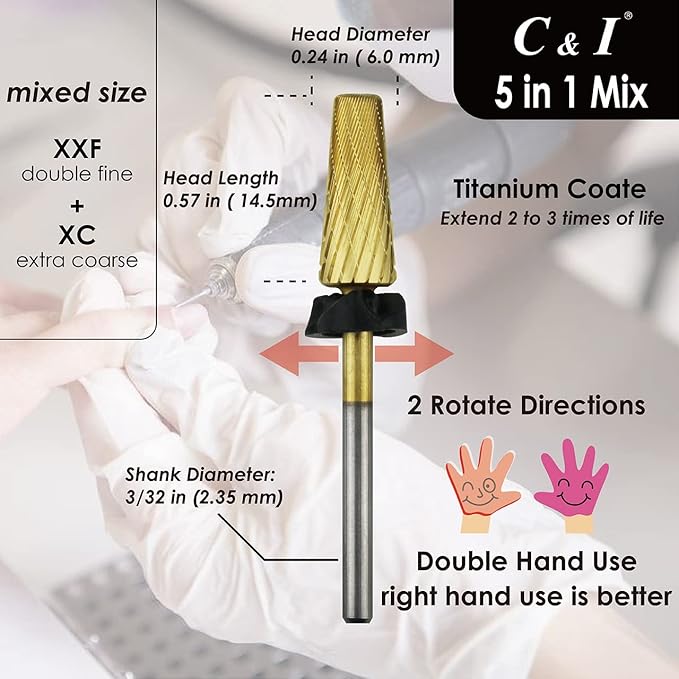 C & I 5 in 1 Nail Drill Bit, Mixed Sizes Edition, Cross Teeth, 2 Way, Professional Multi-function Nail Drills for Electric Manicure Drill Machine, Shank 3/32” (Mix, XC & XXF)
