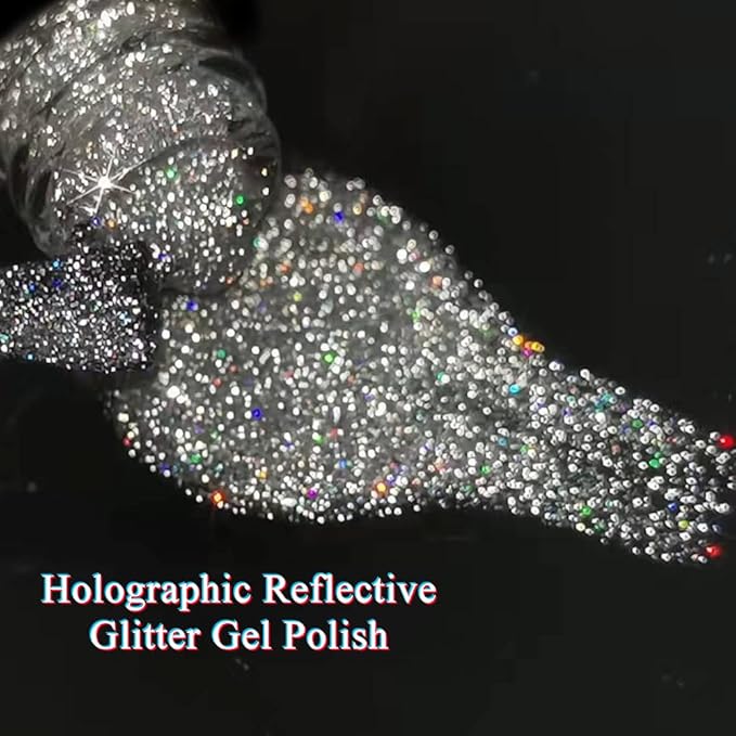 MIZHSE Glitter Gel Polish, Silver Sparkle Gel Nail Polish Diamond Disco Reflective Glitter Gel Polish Soak Off U V Nail Art Varnish Manicure Home DIY 10ml