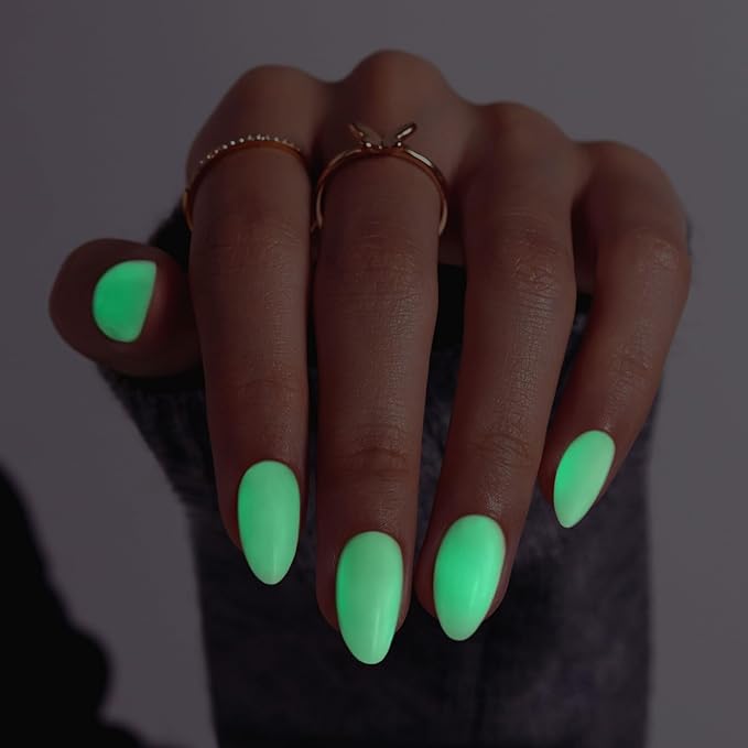 Pastel Beige Press on Nails Almond - SHANGMENG Glow in The Dark Short Nails for Women, Seamless Fit & Glossy Soft Gel Glue On Nails in 16 Sizes - 32 Fake Nails Kit with Glue, Enchanted Lumen