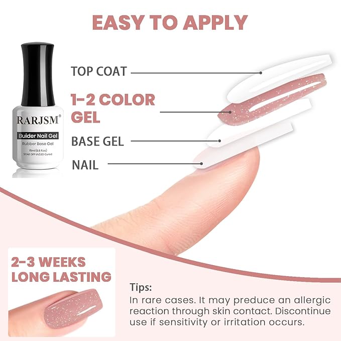RARJSM Glitter Rubber Base Gel Nail Polish Nude Berry Pink Rubber Base Rainbow Iridescent Shimmer Brush on Quick Extend Builder Hard Gel Soak Off Curing Requires 15ml Salon Home French Manicure